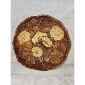 Vintage Hand Carved Wooden Floral Bowl Leaf Flower Design Rustic 9”
